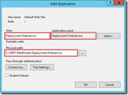 Default Web Site - Add Application - Deployment Webservice